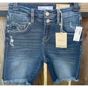 KanCan Womens Denim High Rise Bermuda Shorts Size 24 waist Distressed Frayed Hem